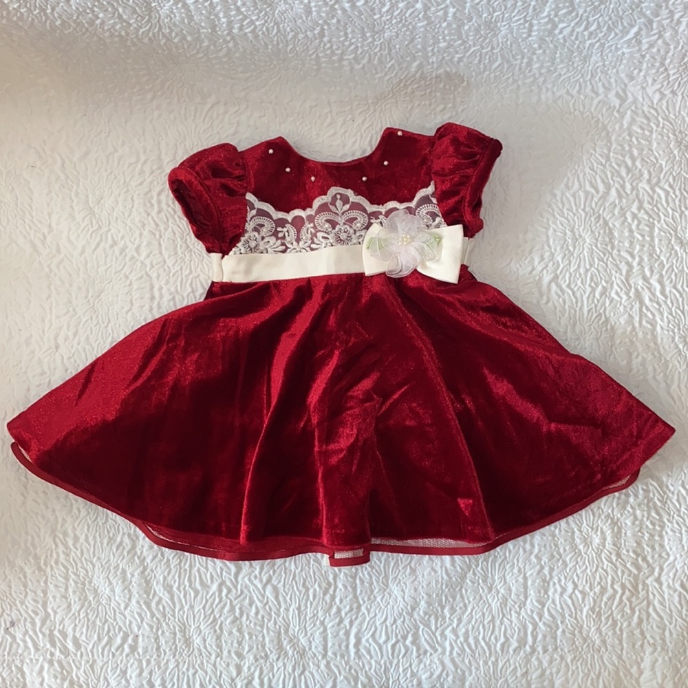 Bonnie Baby Velvet Lace Pearl Detail Dress